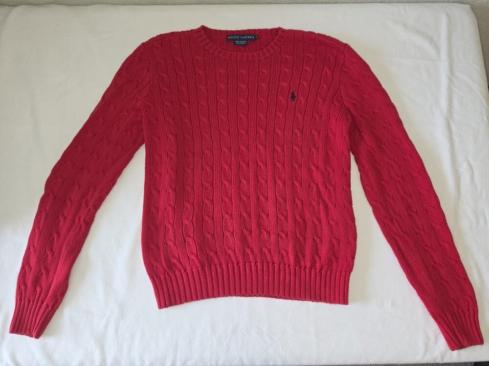 Vintage Ralph Lauren Womens L Red Cable Knit Cotton Crewneck Sweater Pony